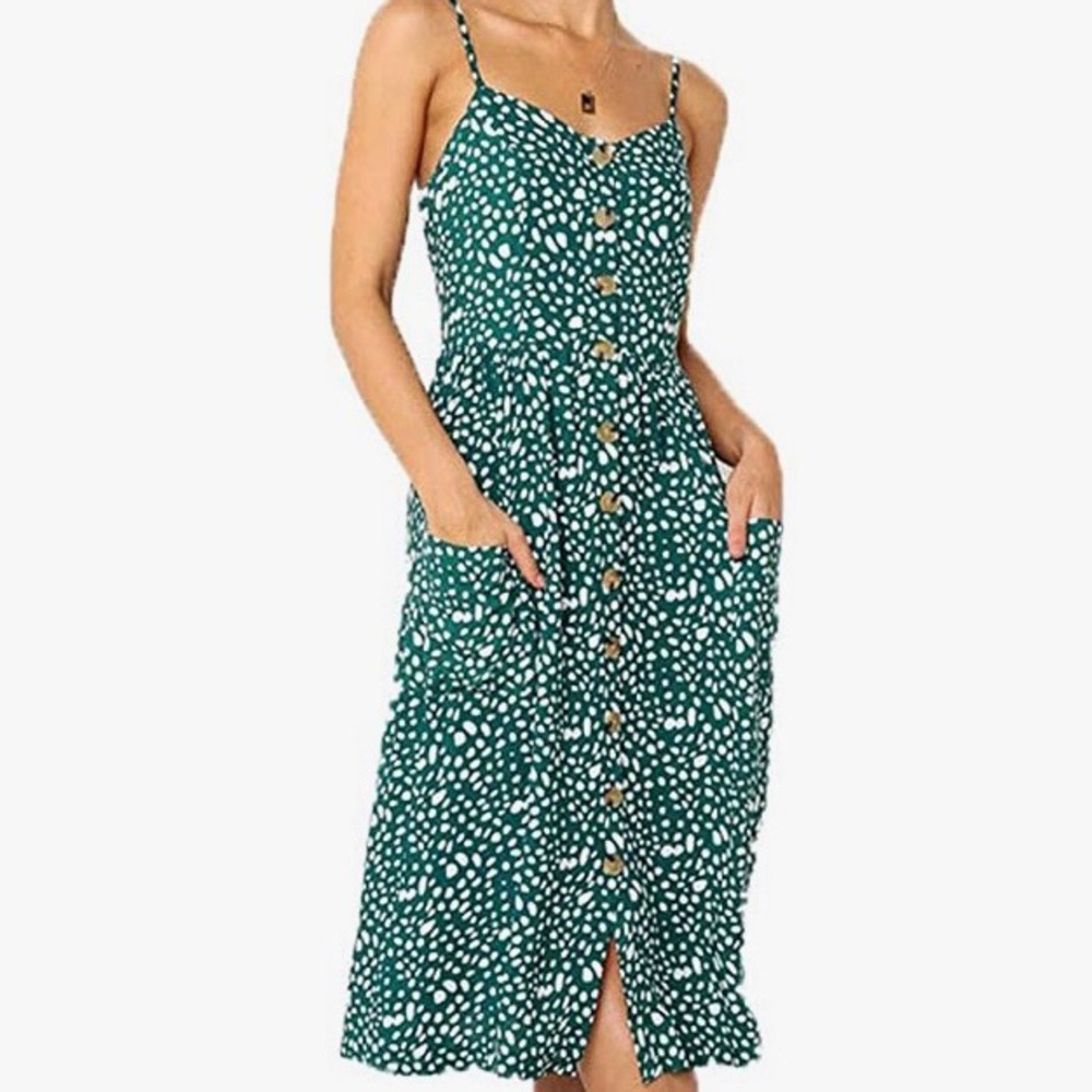 Green Printed Button Front Spaghetti Strap Midi Sundress